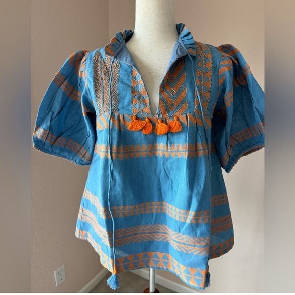 🆕NWT Just Bellina cotton embroidered and beaded tassel top. Blue Orange, Sz Xs - Picture 2 of 10